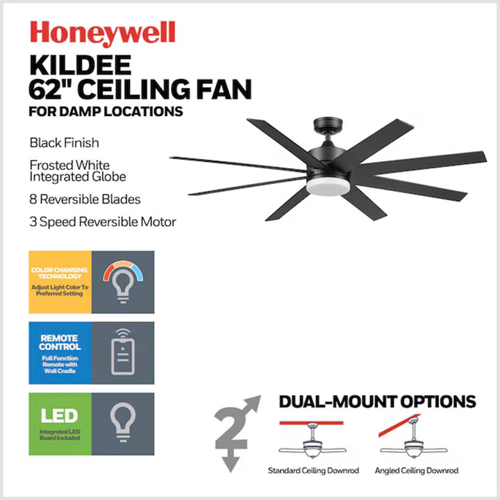 Honeywell 62" Kildee Ceiling Fan LED Remote 8 Blade Outdoor Dual Mount, Black
