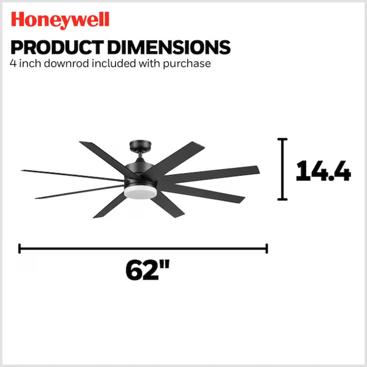 Honeywell 62" Kildee Ceiling Fan LED Remote 8 Blade Outdoor Dual Mount, Black
