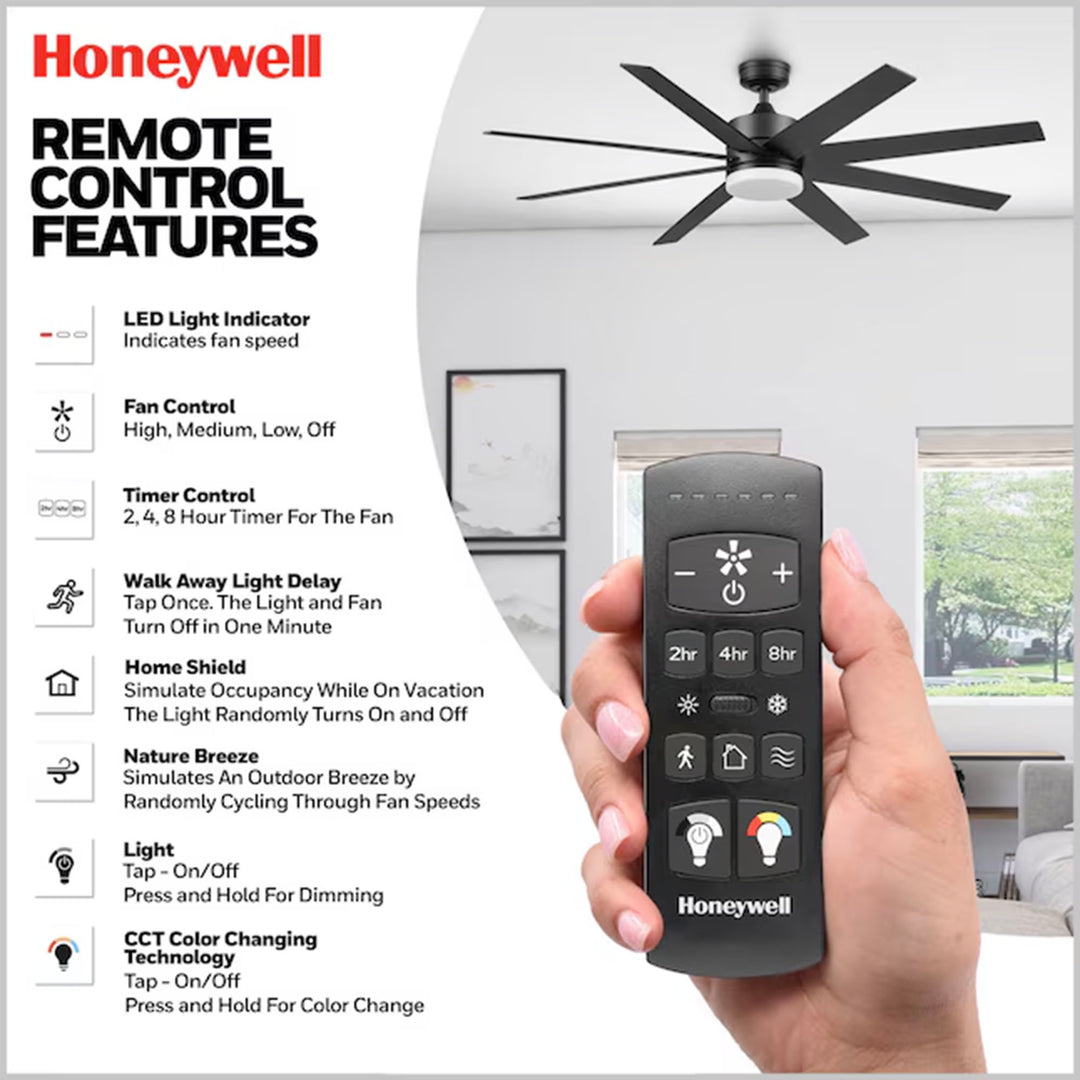Honeywell 62" Kildee Ceiling Fan LED Remote 8 Blade Outdoor Dual Mount, Black