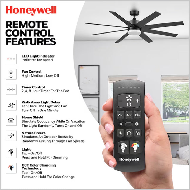 Honeywell 62" Kildee Ceiling Fan LED Remote 8 Blade Outdoor Dual Mount, Black
