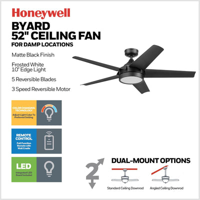Honeywell Byard 52” Ceiling Fan with LED Light and Remote Control, Matte Black - VMInnovations