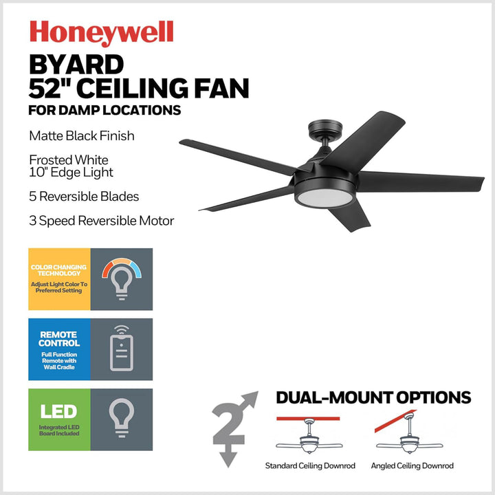 Honeywell Byard 52” Ceiling Fan with LED Light and Remote Control (Open Box) - VMInnovations