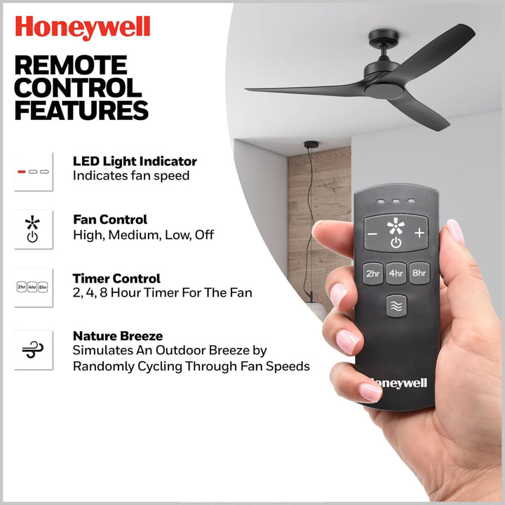 Honeywell Lynton 52" Ceiling Fan w/ Remote, & Reversible Blades, Matte Black