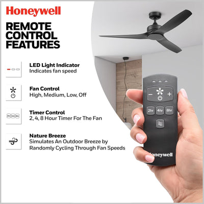 Honeywell 52" Ceiling Fan w/ Remote, & Reversible Blades, Matte Black (Open Box) - VMInnovations