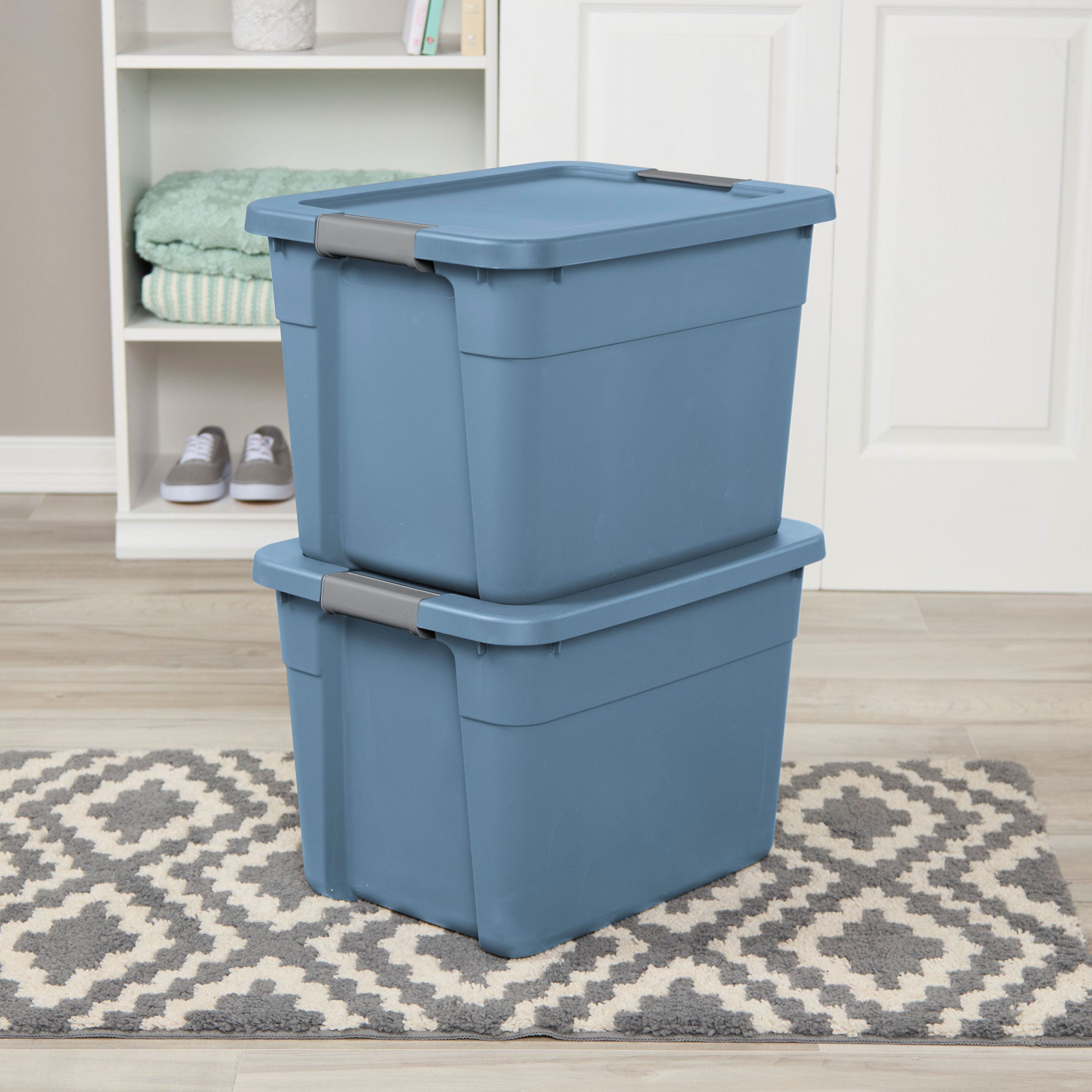 Sterilite 12 Gallon Latching Tote, Stackable Storage Bin with Lid, Blue, 12 Pack