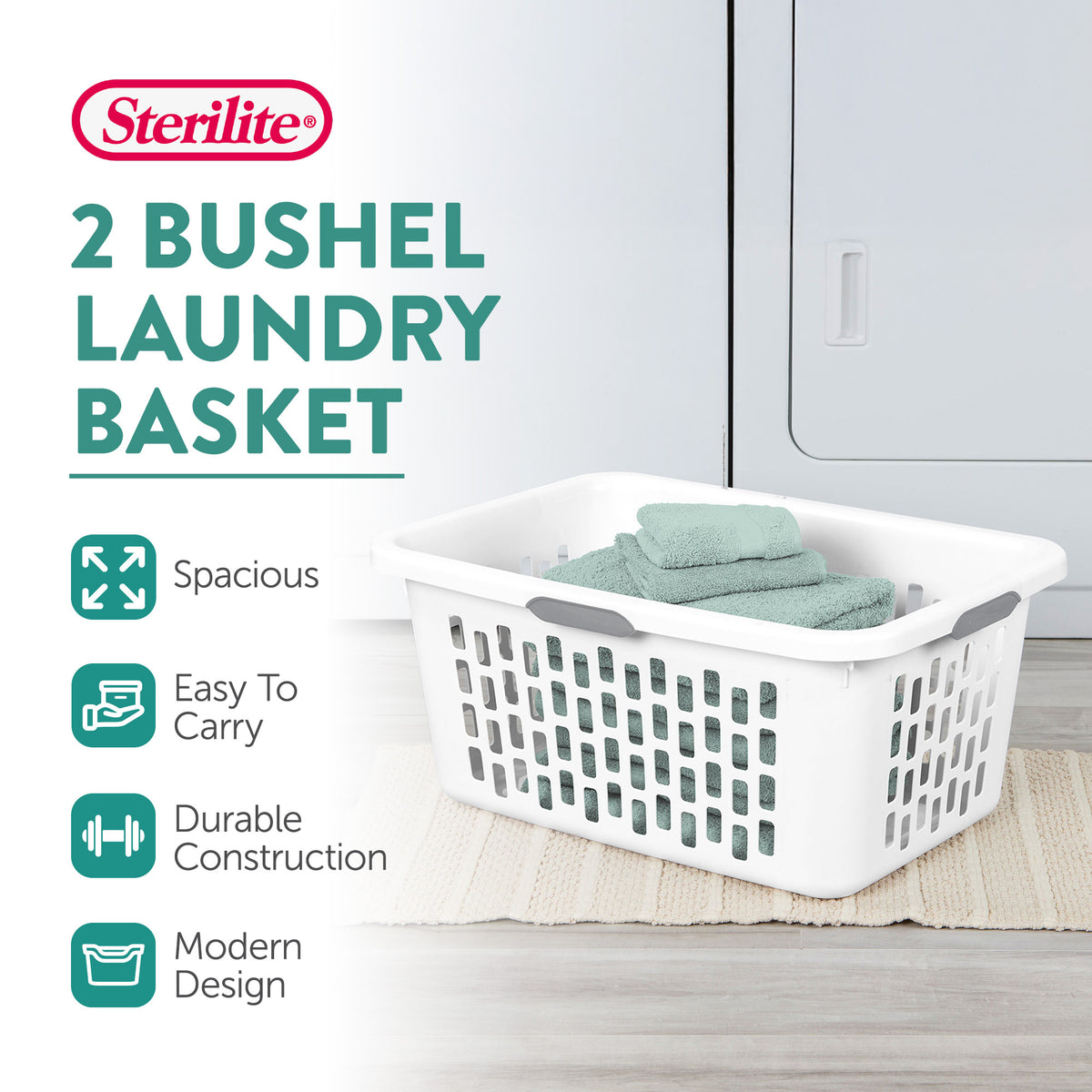Sterilite Laundry Basket, 2 Bushel Plastic Hamper with Handles, White, 18 Pack