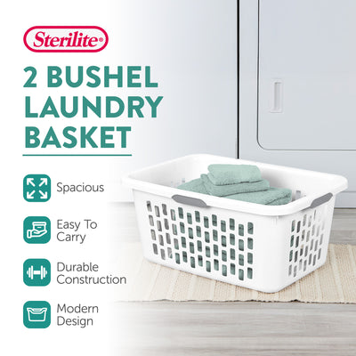 Sterilite Laundry Basket, 2 Bushel Plastic Hamper with Handles, White, 18 Pack