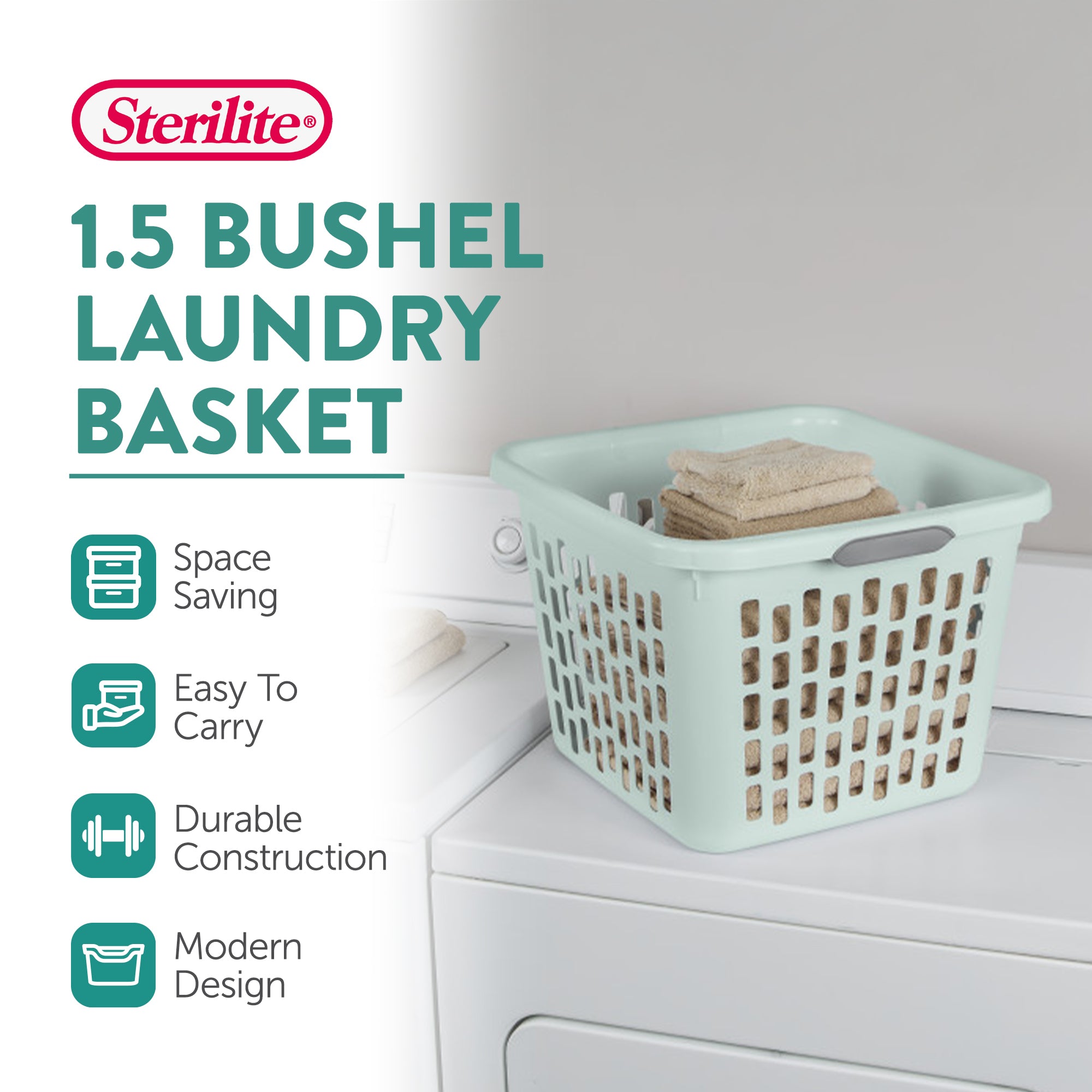 Sterilite Laundry Basket, 1.5 Bushel Plastic Hamper with Handles, Mint, 24 Pack