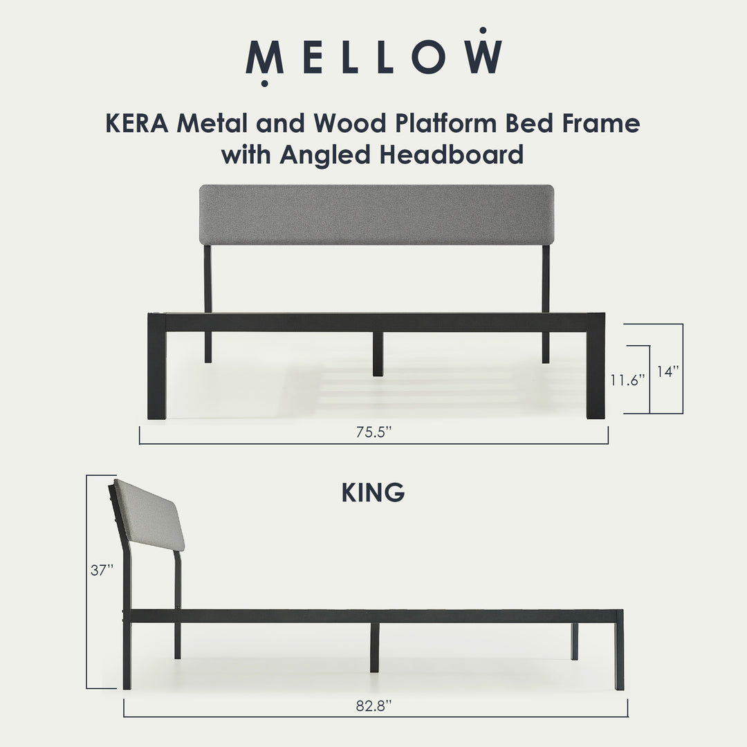 Mellow KERA Metal and Wood Platform Bed Frame with Angled Headboard, King, Black
