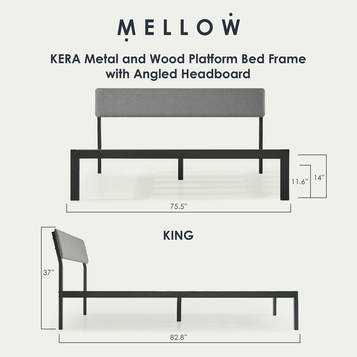 Mellow KERA Metal & Wood Platform Bed Frame w Angled Headboard, (Open Box)