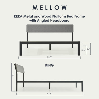 Mellow KERA Metal & Wood Platform Bed Frame w Angled Headboard, (Open Box)