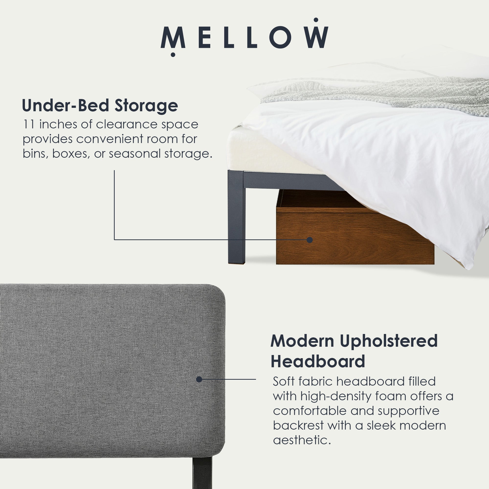 Mellow KERA Metal & Wood Platform Bed Frame w Angled Headboard, (Open Box)