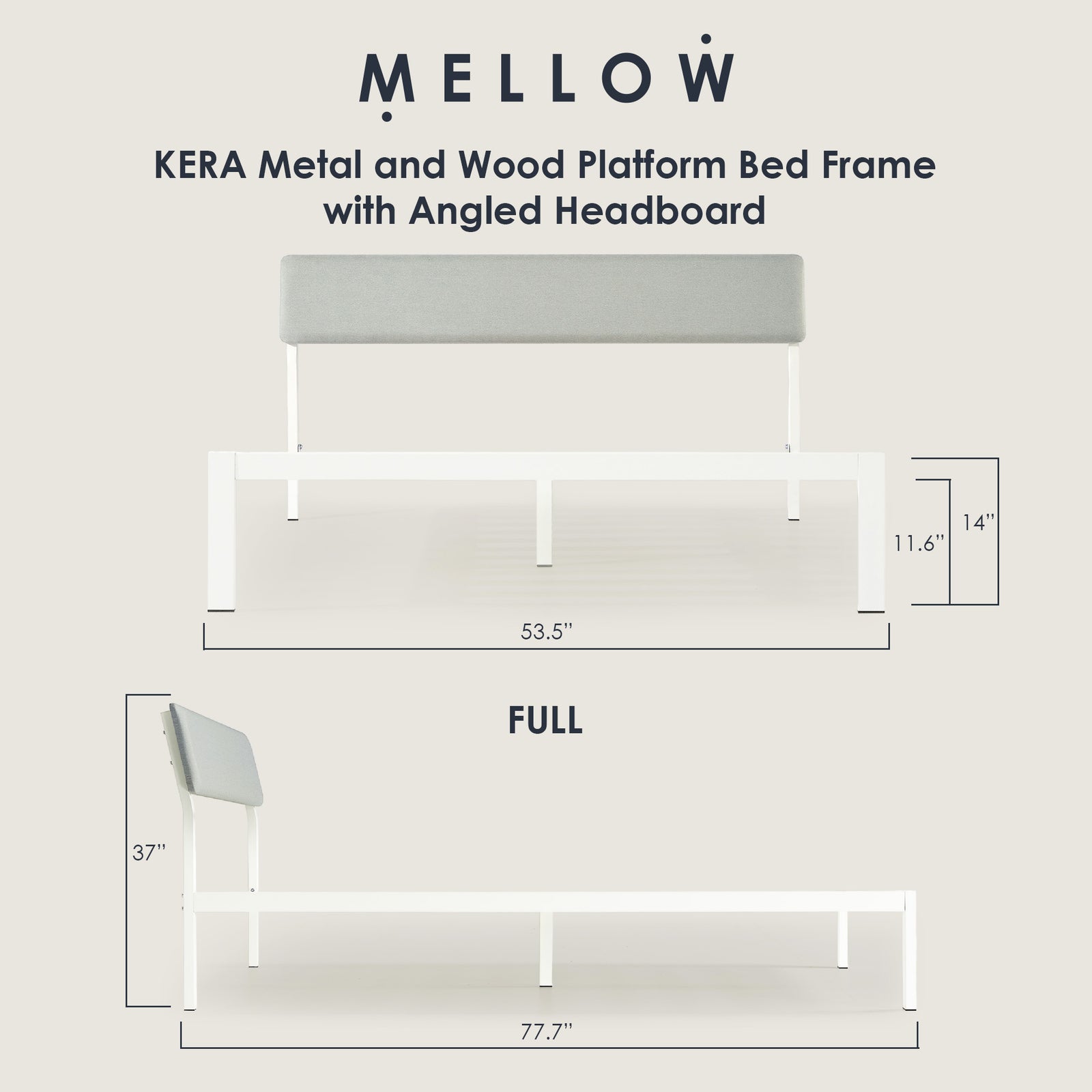 Mellow KERA Metal and Wood Platform Bed Frame with Angled Headboard, Full, White - VMInnovations