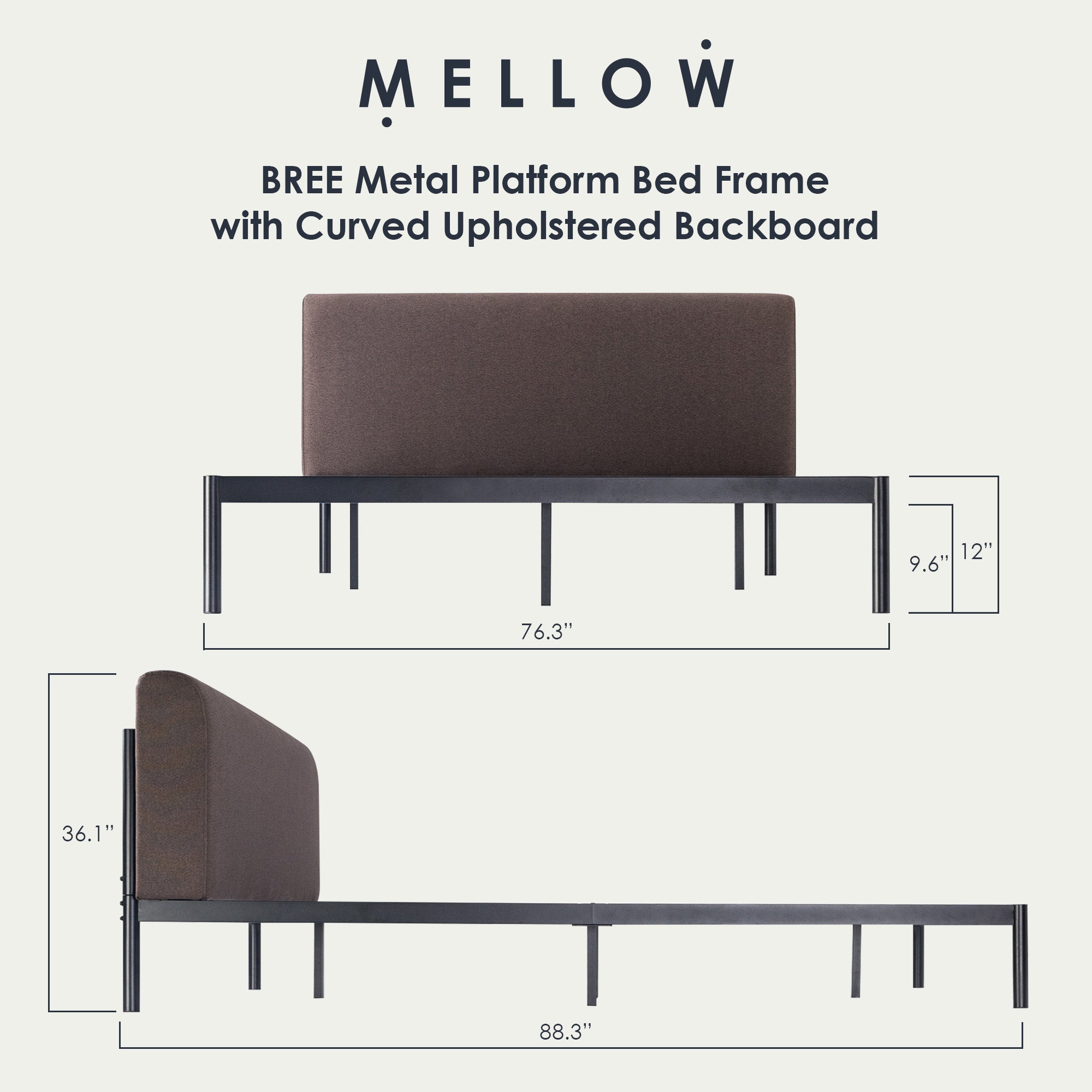Mellow BREE Metal Platform Bed Frame with Curved Upholstered Backboard(Open Box) - VMInnovations