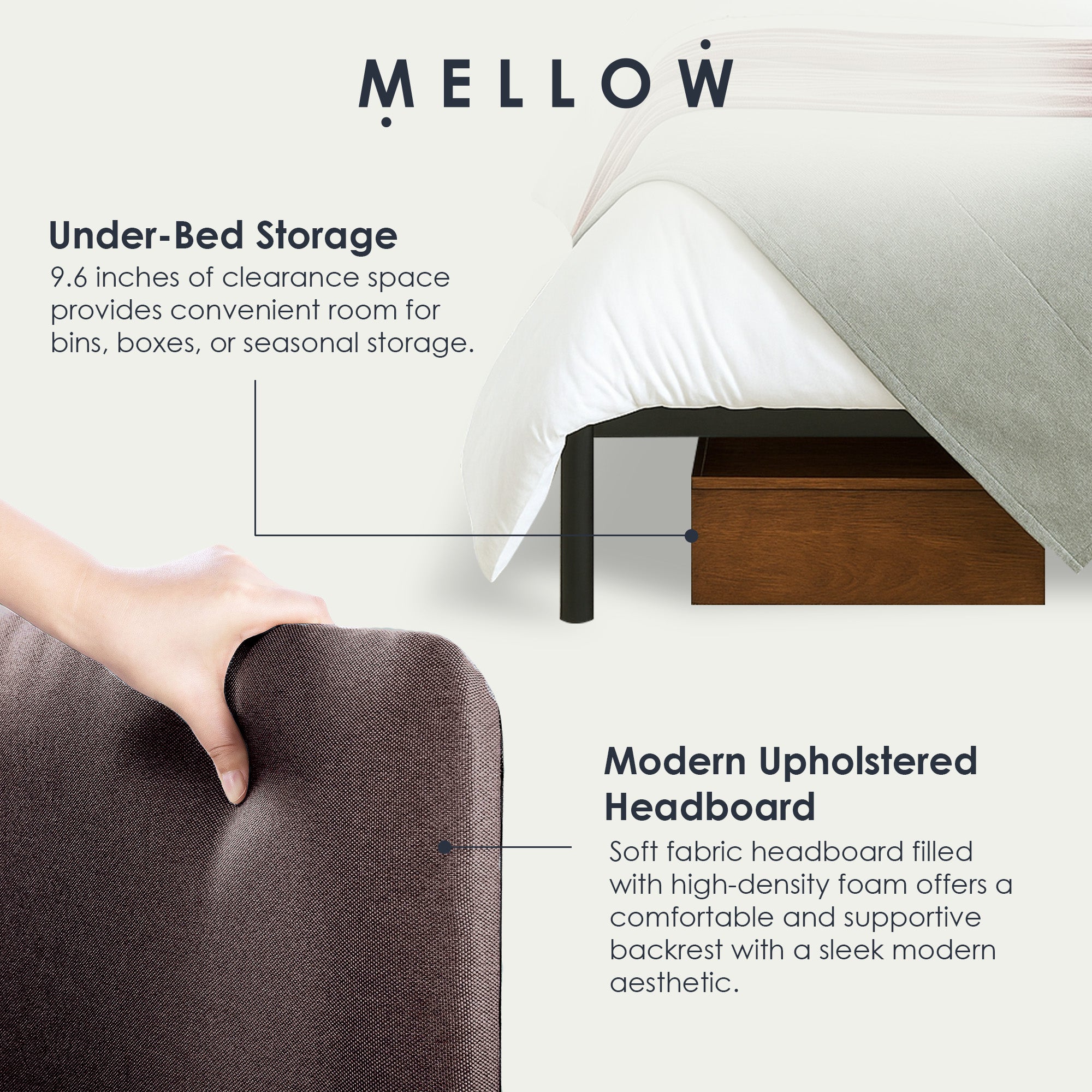 Mellow BREE Metal Platform Bed Frame with Curved Upholstered Backboard(Open Box) - VMInnovations