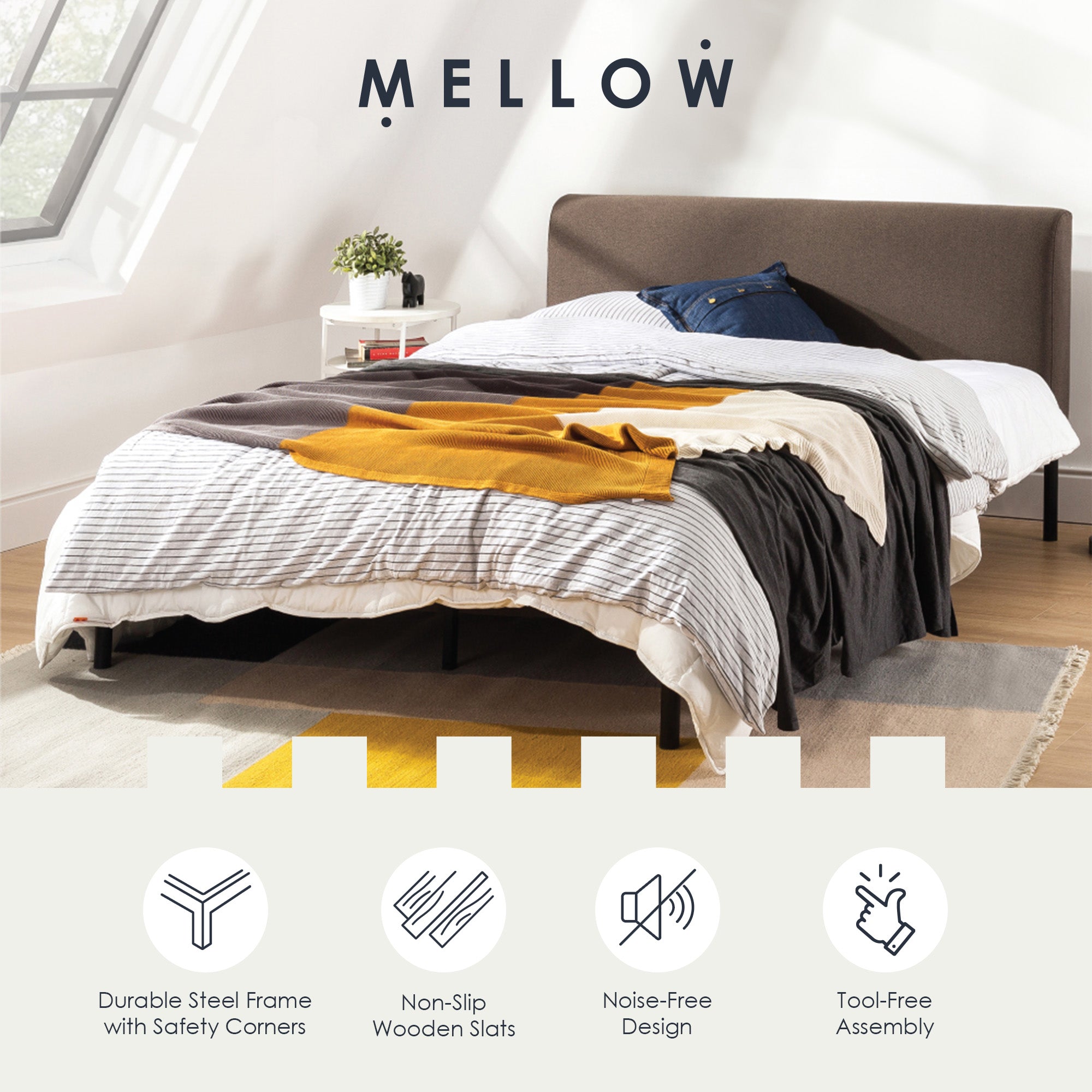Mellow BREE Metal Platform Bed Frame with Curved Upholstered Backboard(Open Box) - VMInnovations
