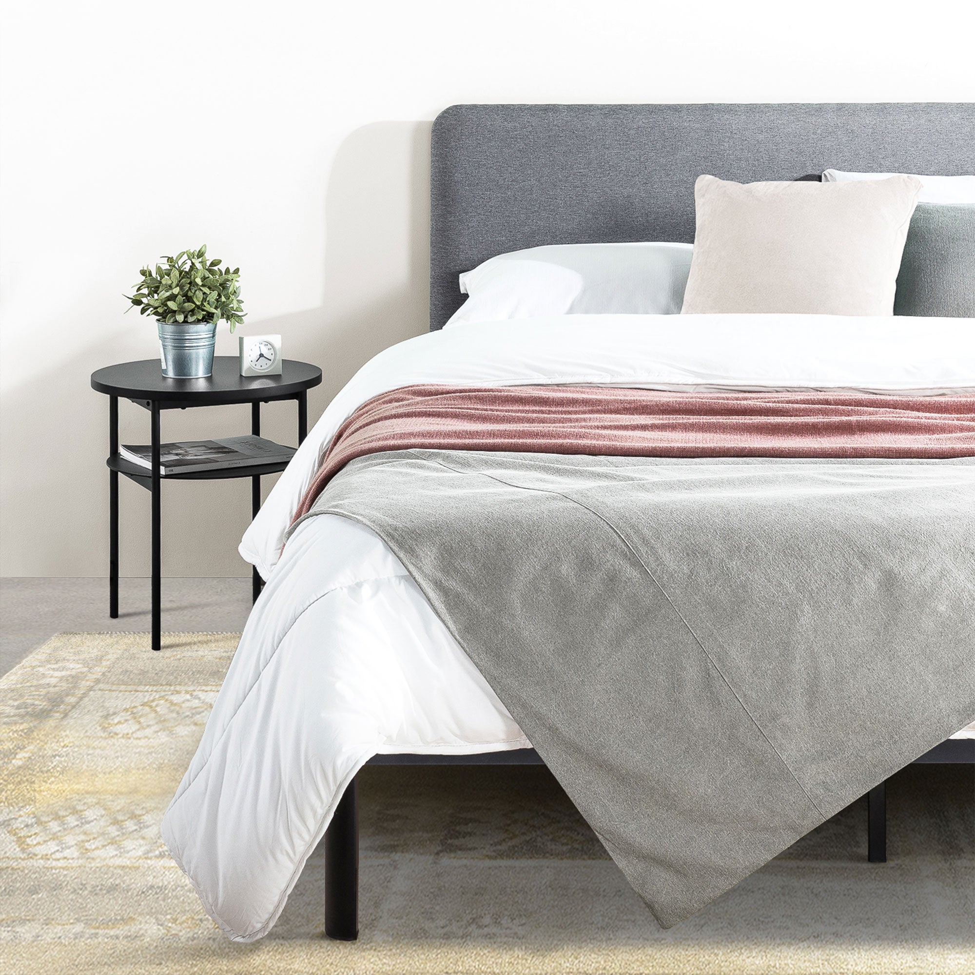 Mellow KERT Metal and Wood Platform Bed Frame with Upholstered Headboard, Queen - VMInnovations