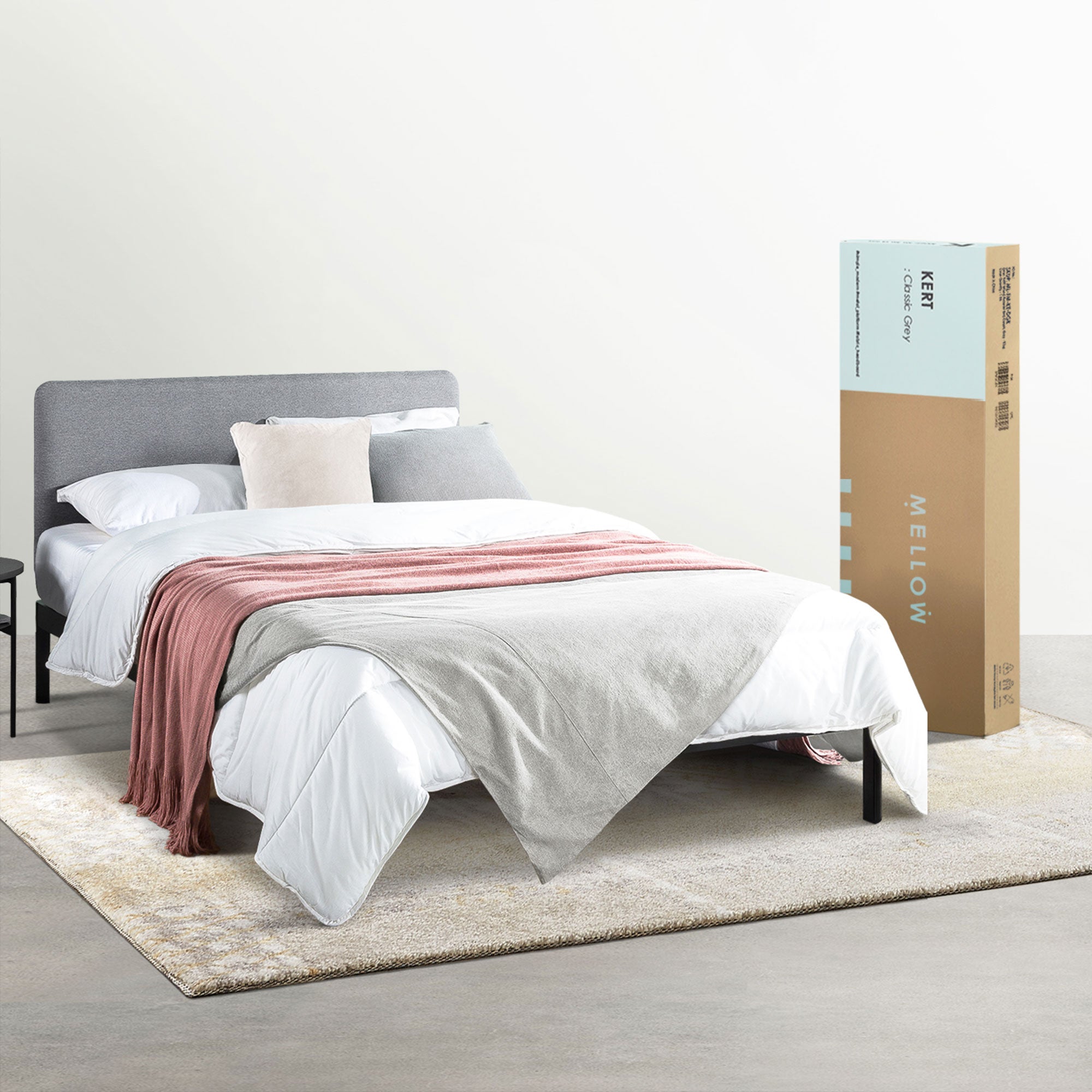 Mellow KERT Metal and Wood Platform Bed Frame with Upholstered Headboard, Queen - VMInnovations