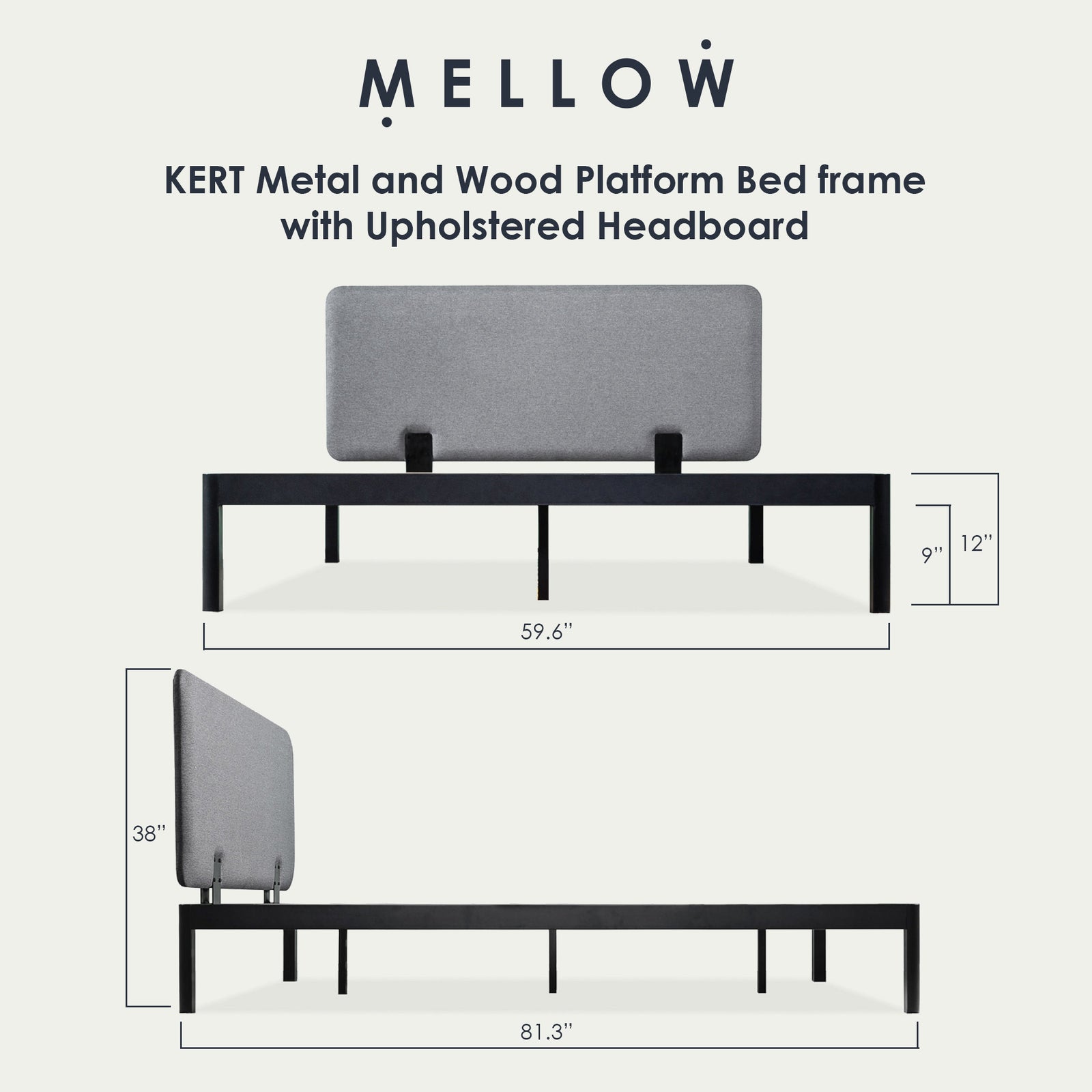 Mellow KERT Metal and Wood Platform Bed Frame with Upholstered Headboard, Queen - VMInnovations