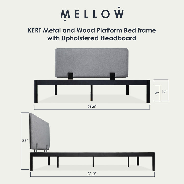Mellow KERT Metal and Wood Platform Bed Frame with Upholstered Headboard, Queen
