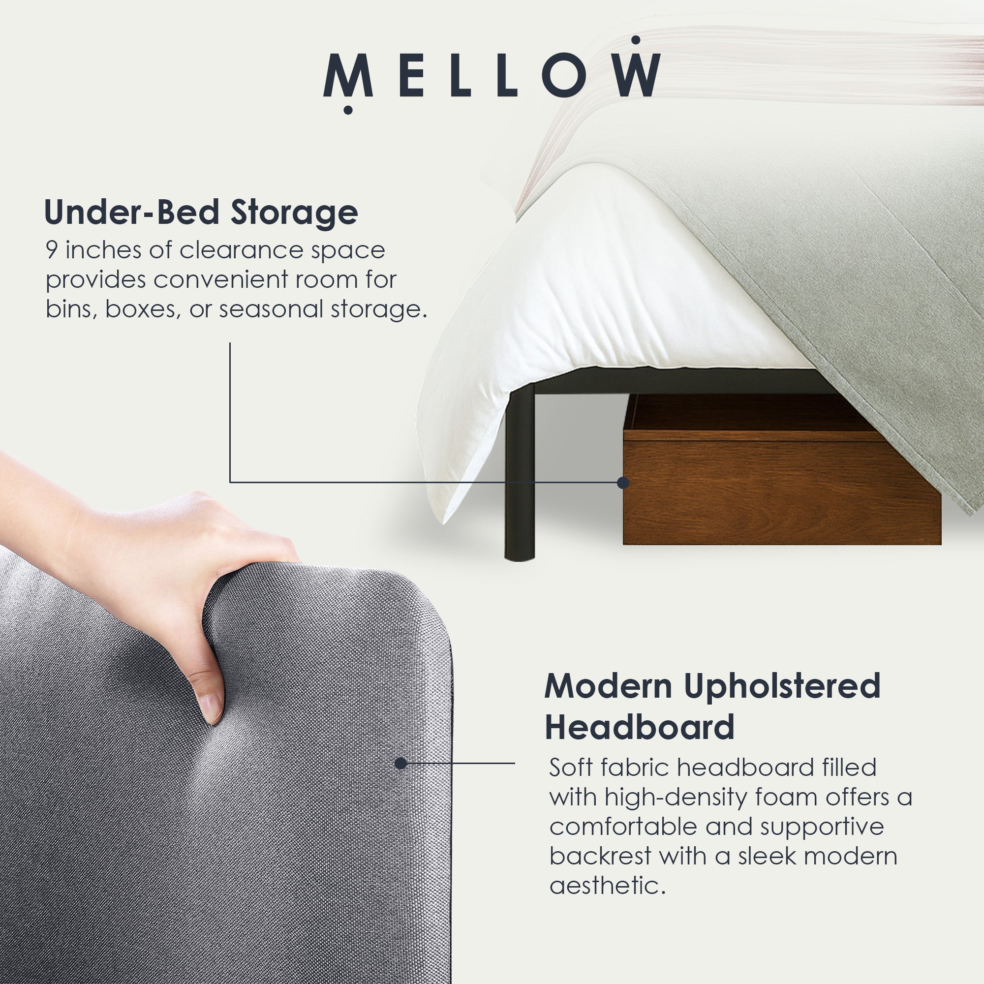 Mellow KERT Metal and Wood Platform Bed Frame with Upholstered Headboard, Queen - VMInnovations