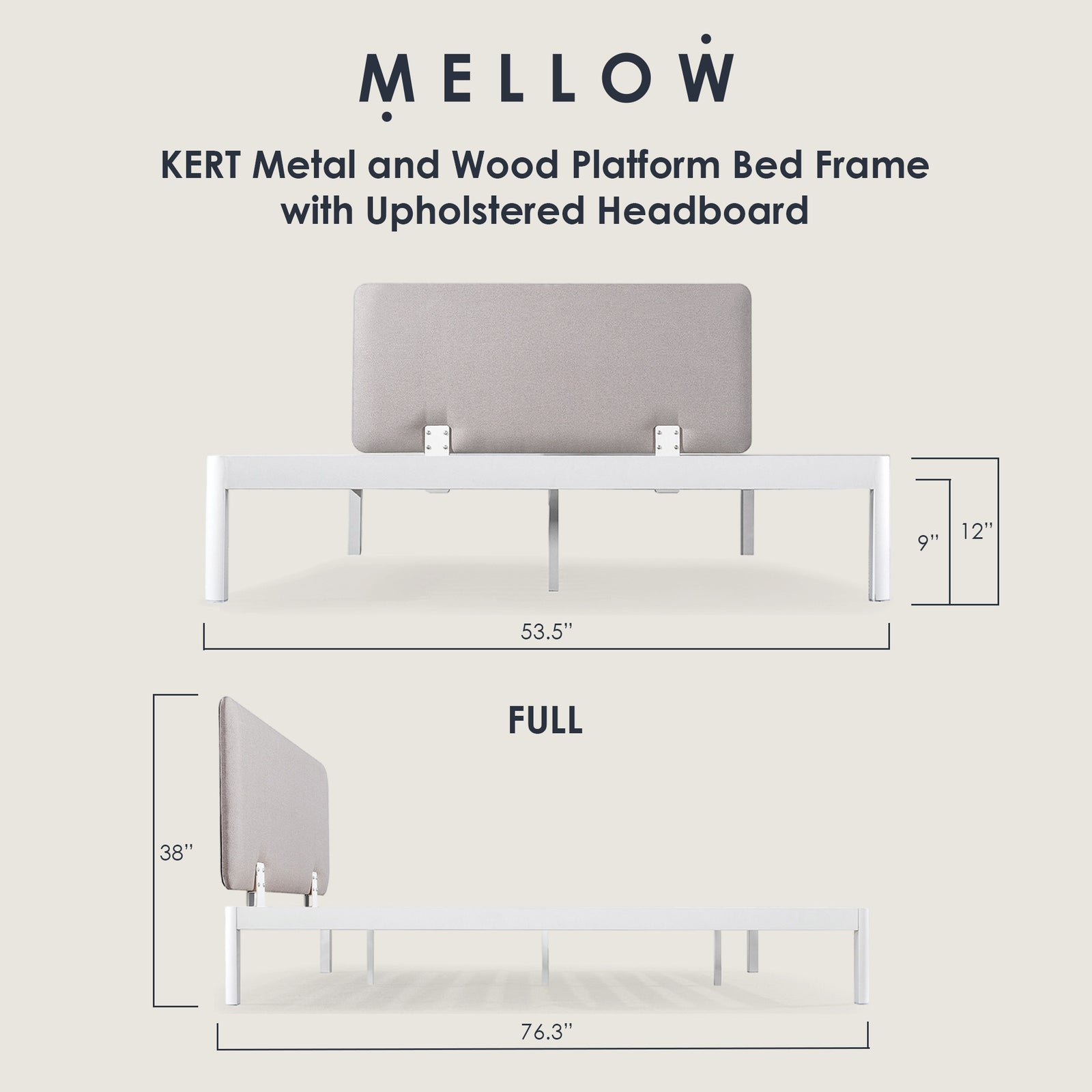 Mellow KERT Metal and Wood Platform Bed Frame with Upholstered Headboard, Full - VMInnovations