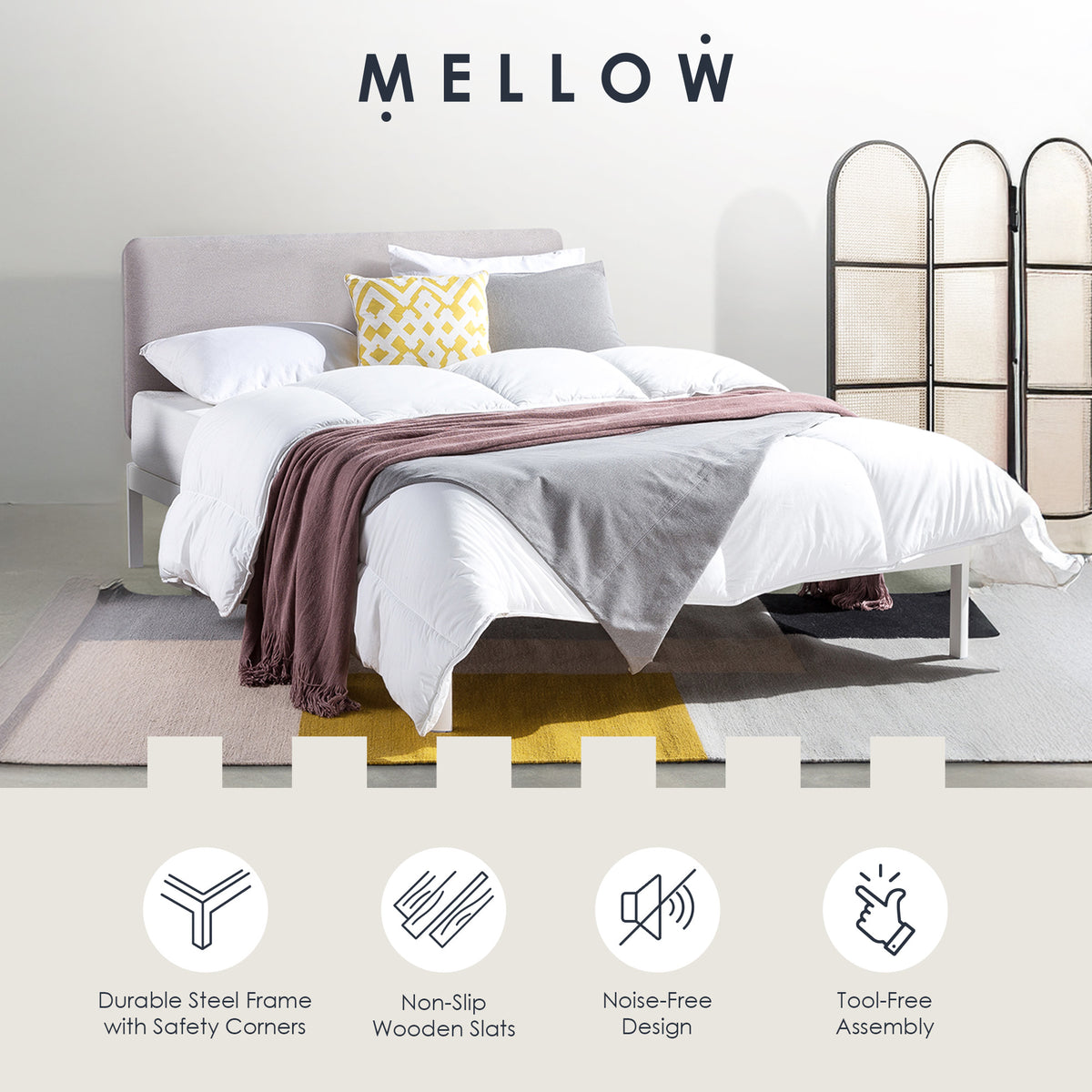 Mellow Metal & Wood Platform Bed Frame w/Upholstered Headboard, Full (Open Box)