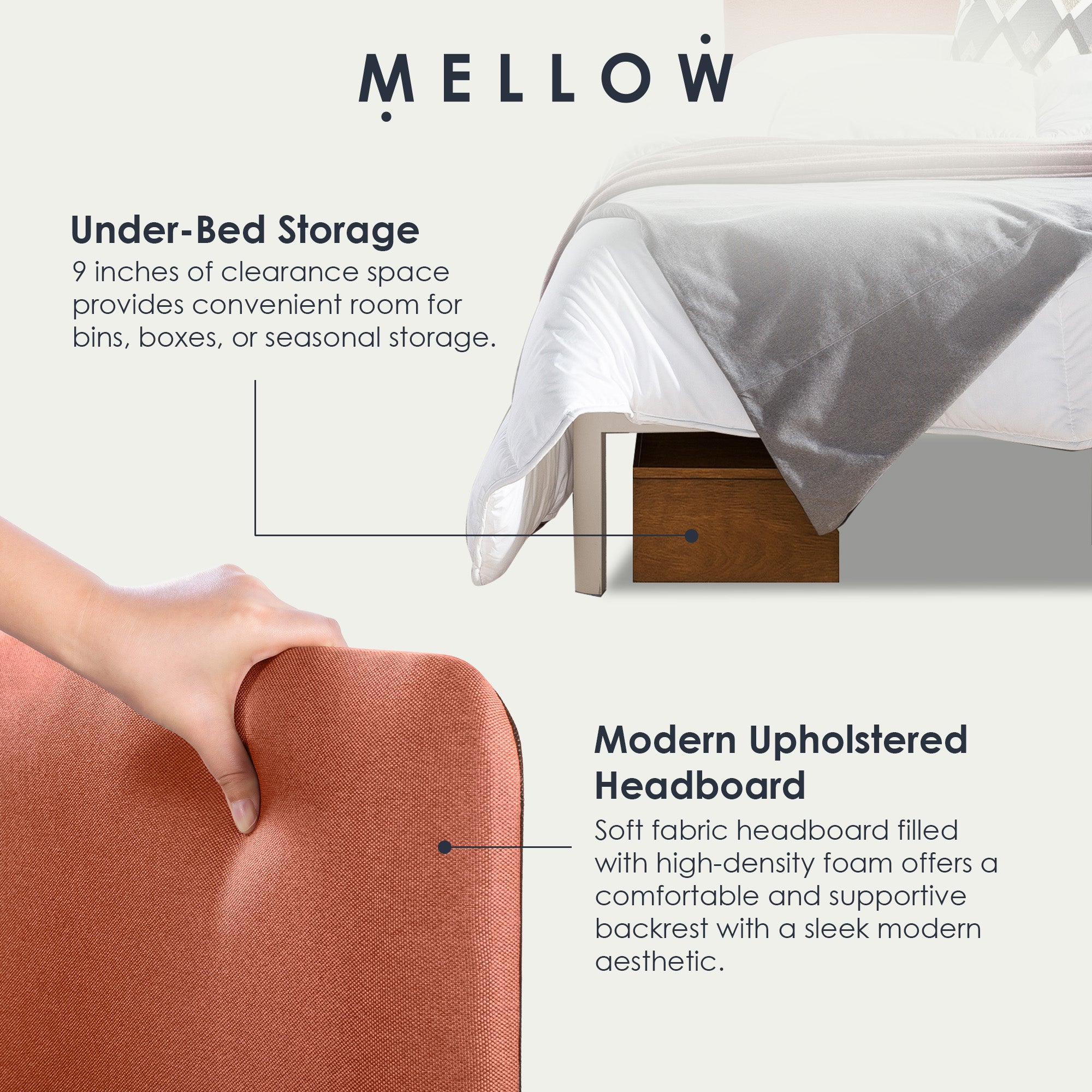 Mellow KERT Metal and Wood Platform Bed Frame with Upholstered Headboard, King - VMInnovations