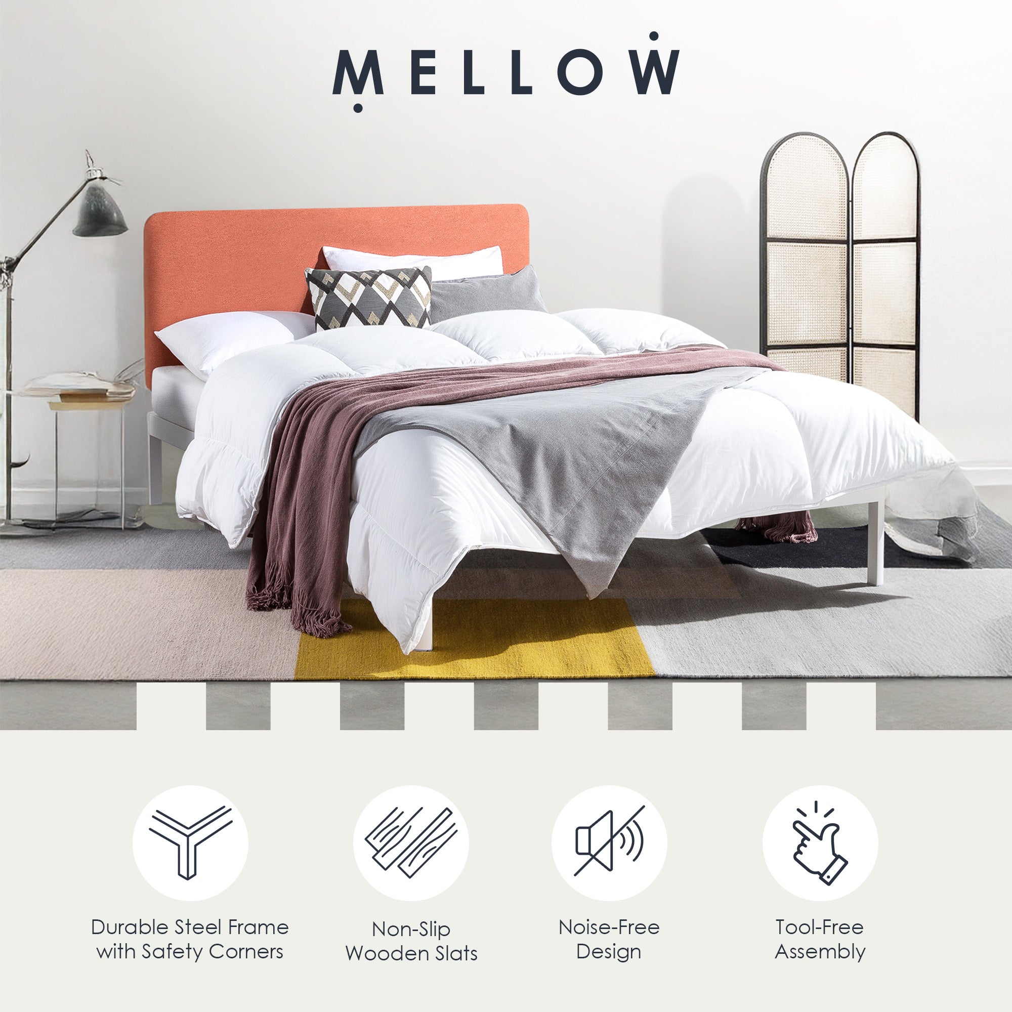 Mellow KERT Metal and Wood Platform Bed Frame with Upholstered Headboard, King - VMInnovations