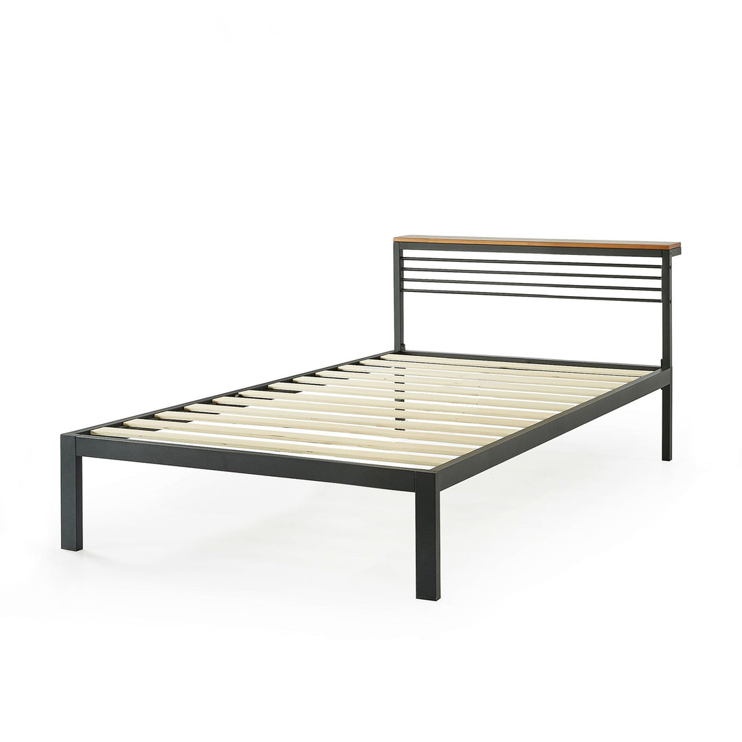 Mellow Metal & Wood Platform Bed Frame with Low Headboard Shelf, Twin(Used)