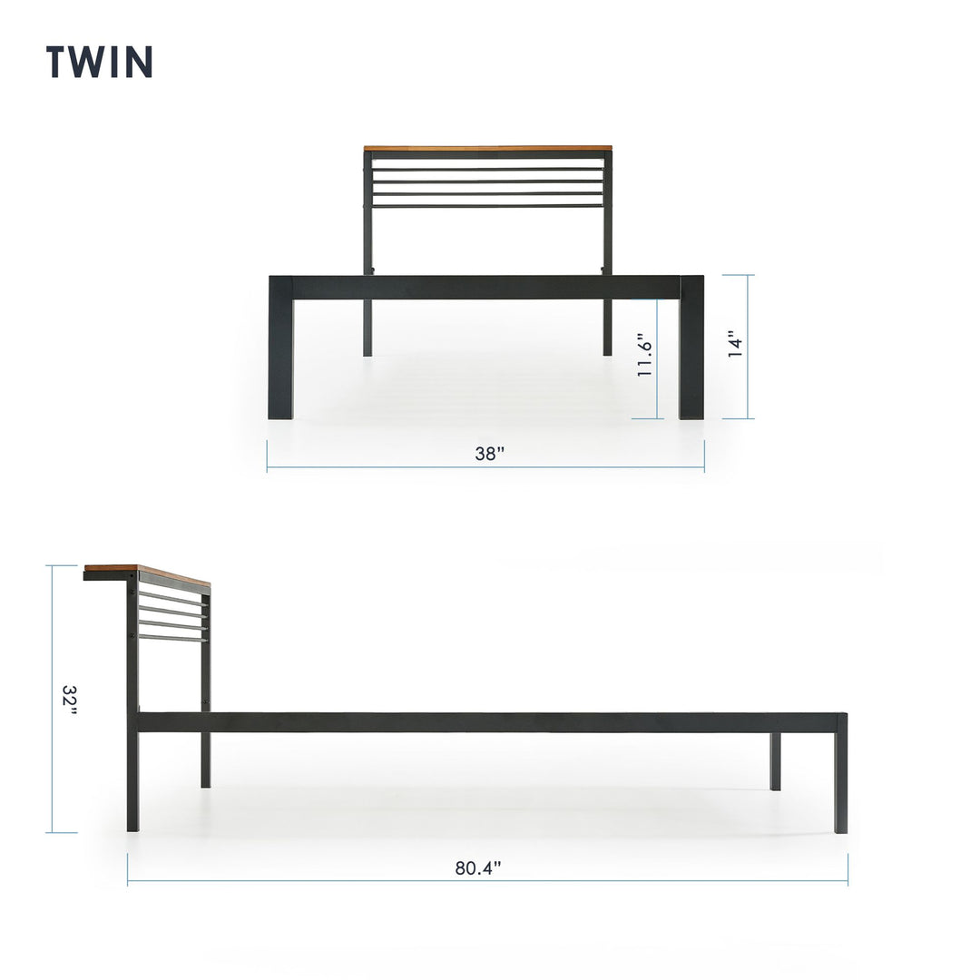 Mellow HYLLE Metal & Wood Platform Bed Frame with Low Headboard Shelf, Twin