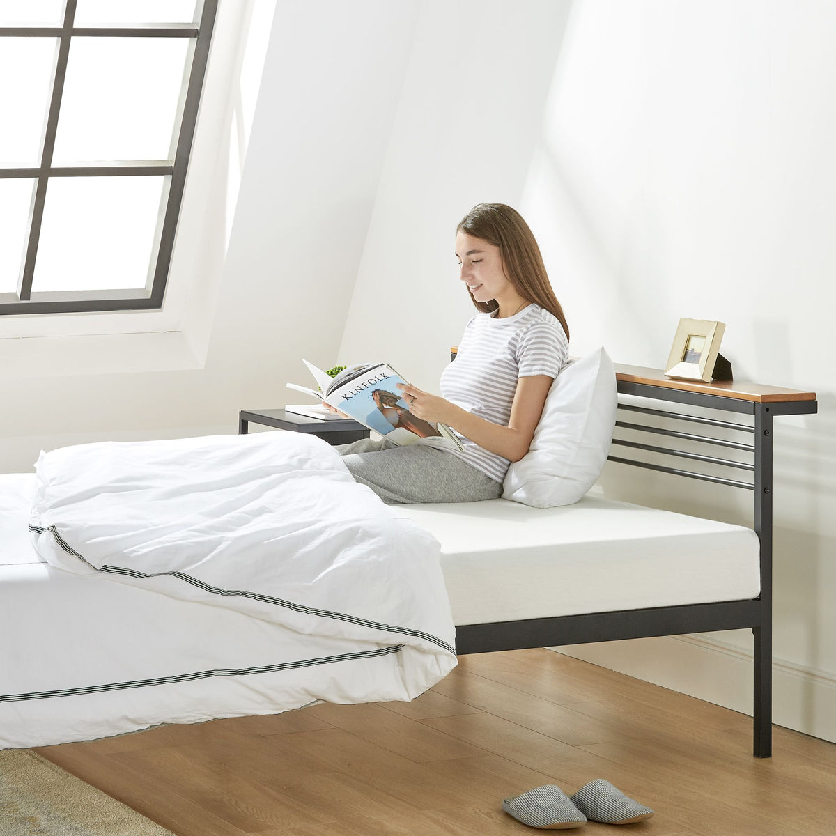 Mellow Metal & Wood Platform Bed Frame with Low Headboard Shelf, Twin(Used) - VMInnovations