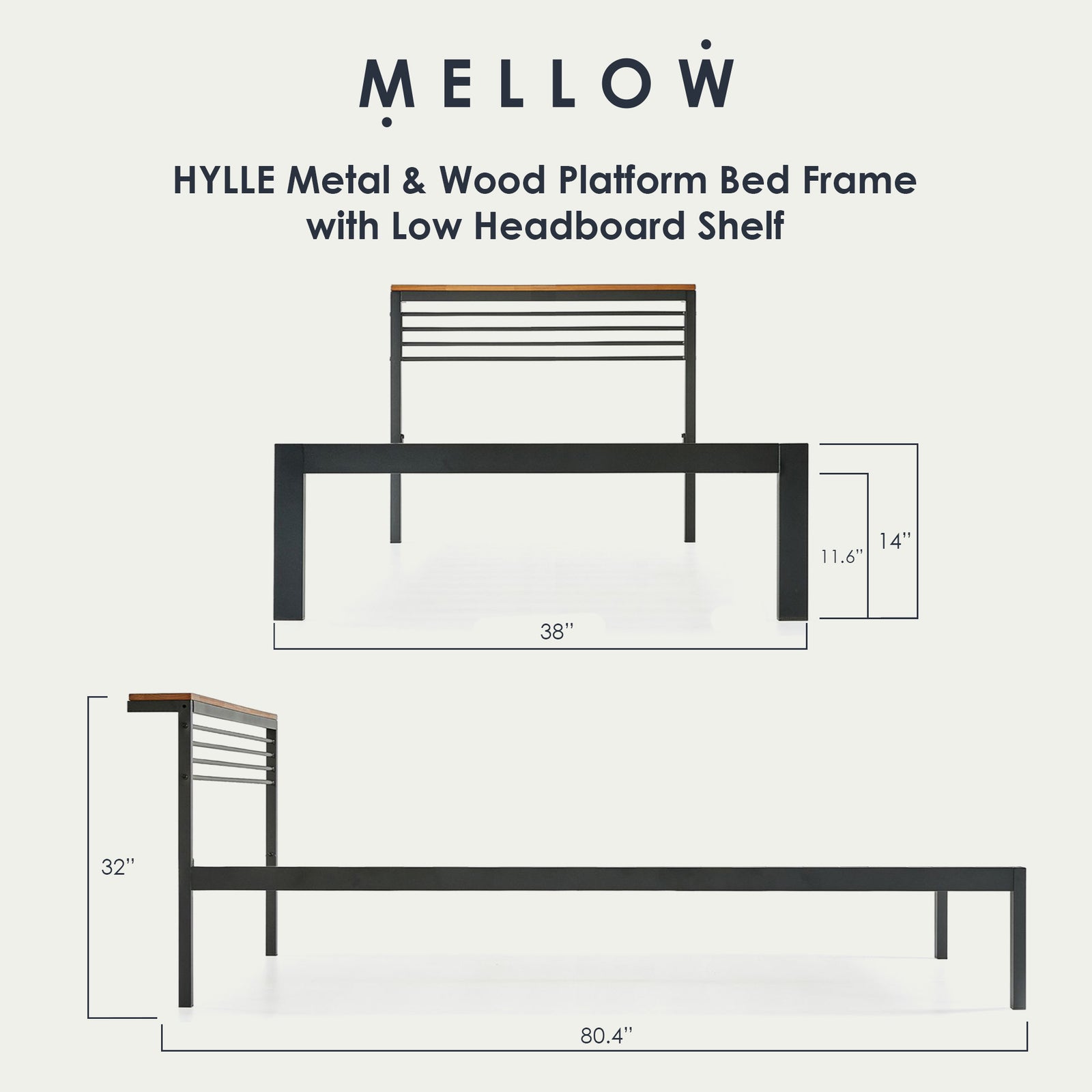 Mellow HYLLE Metal & Wood Platform Bed Frame with Low Headboard Shelf, Twin - VMInnovations