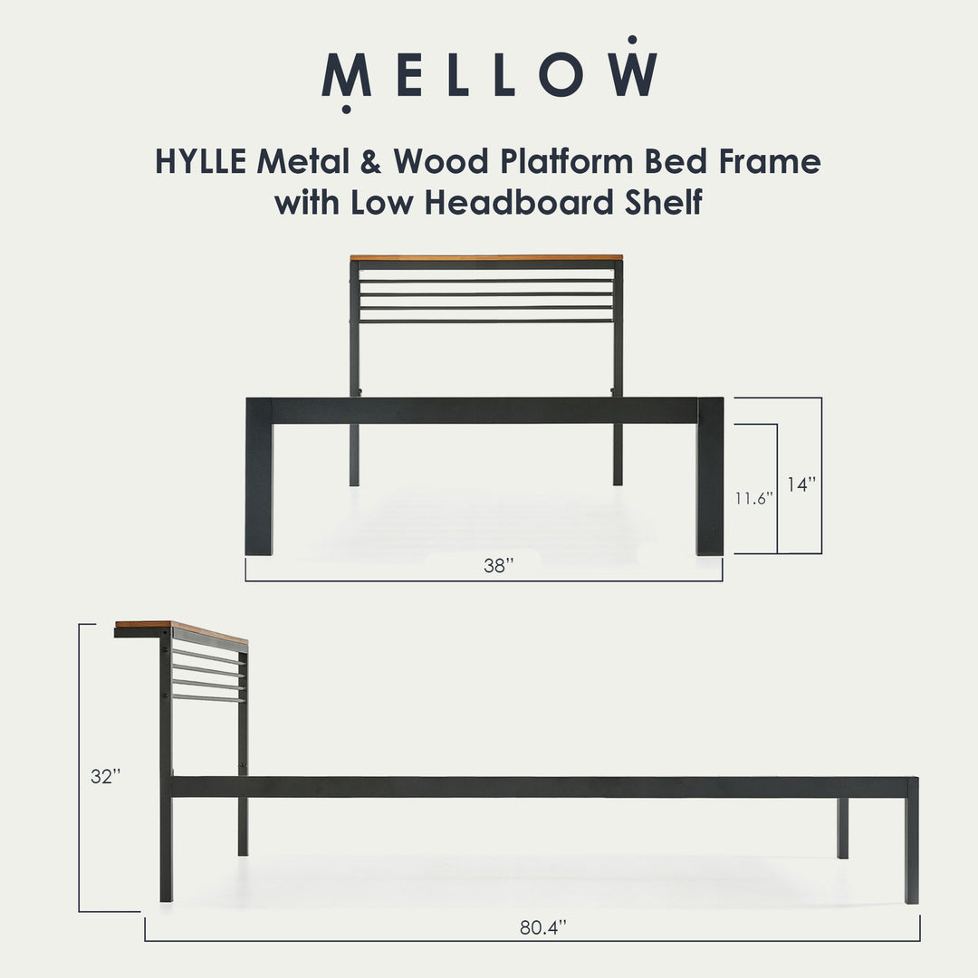 Mellow Metal & Wood Platform Bed Frame with Low Headboard Shelf, Twin(Used)