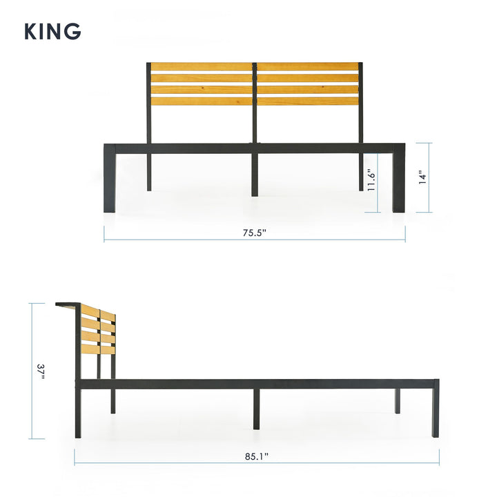 Mellow KASI Metal & Wood Platform Bed Frame with Built-In Headboard Shelf, King