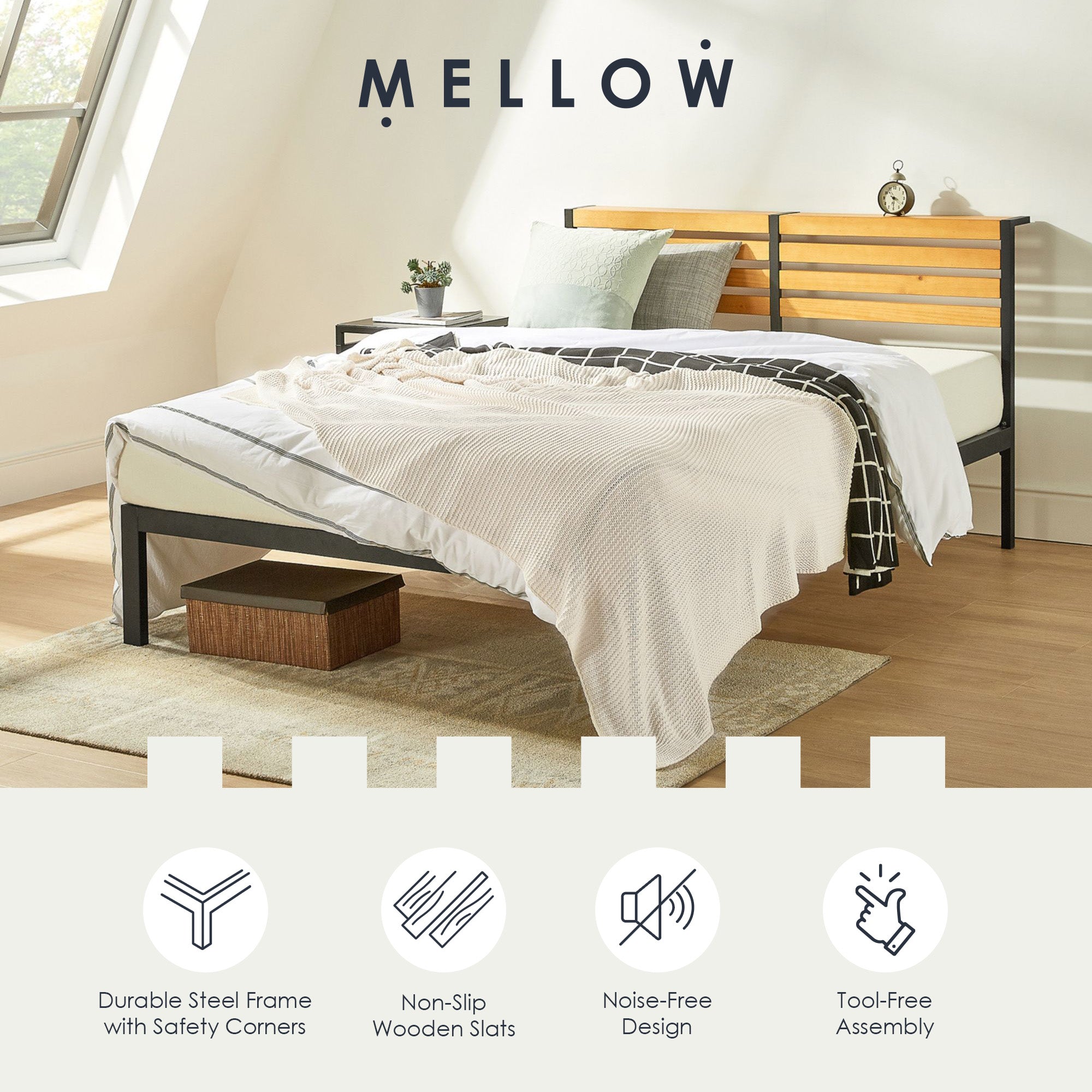 Mellow KASI Metal & Wood Platform Bed Frame with Built-In Headboard Shelf, King - VMInnovations