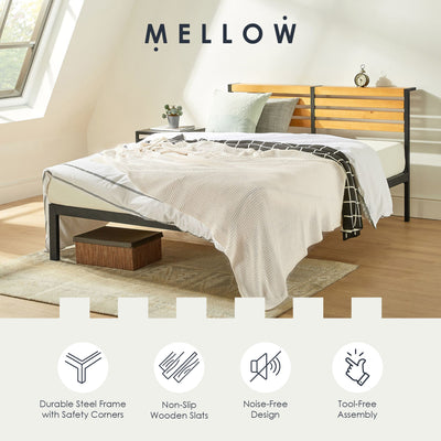 Mellow KASI Metal & Wood Platform Bed Frame with Built-In Headboard Shelf, King - VMInnovations