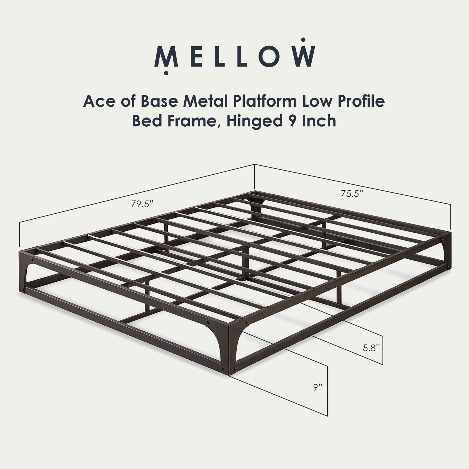 Mellow Ace of Base Metal Platform Low Profile Bed Frame, Hinged 9 Inch, King - VMInnovations