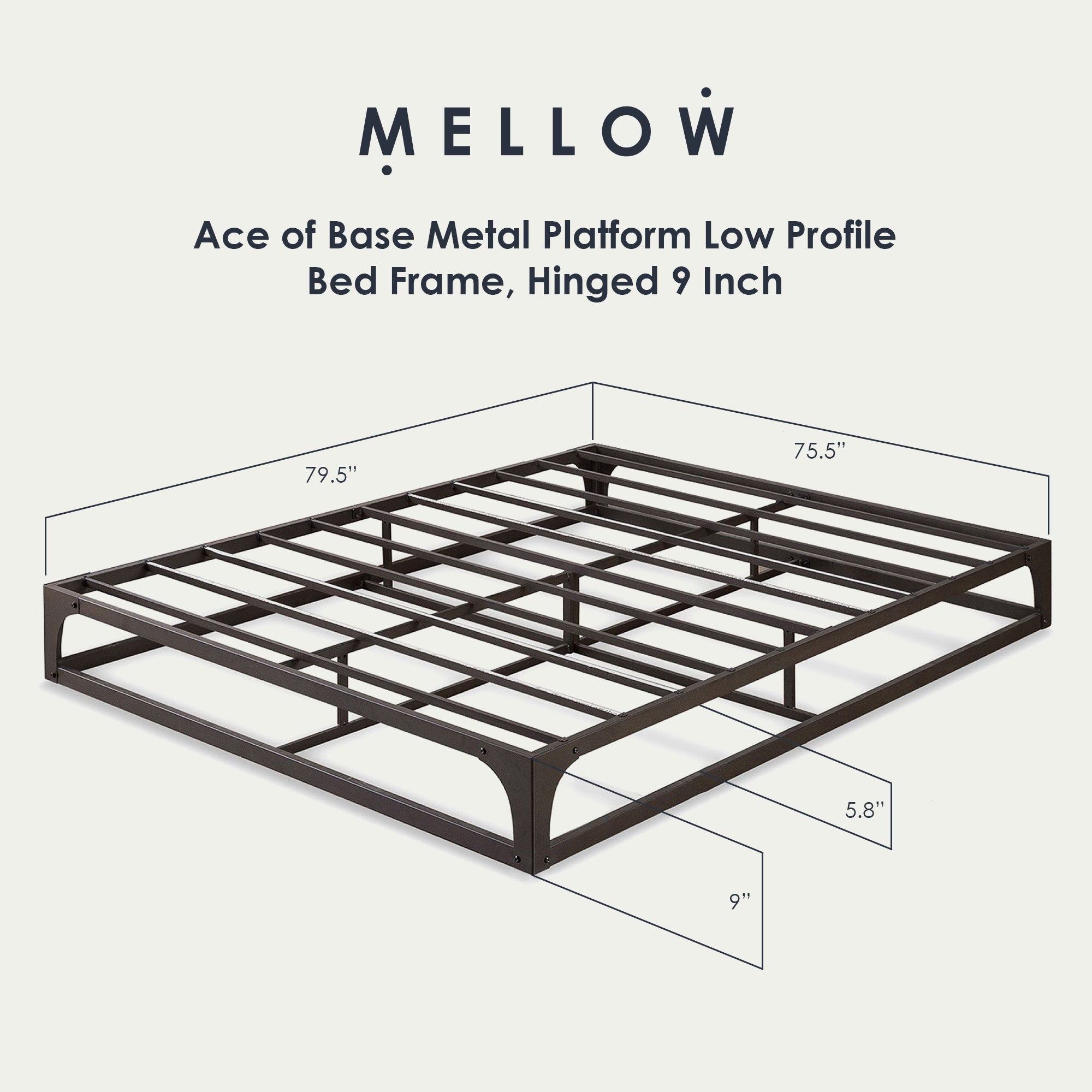 Mellow Ace of Base Metal Platform Low Profile Bed Frame, Hinged 9 Inch, King - VMInnovations