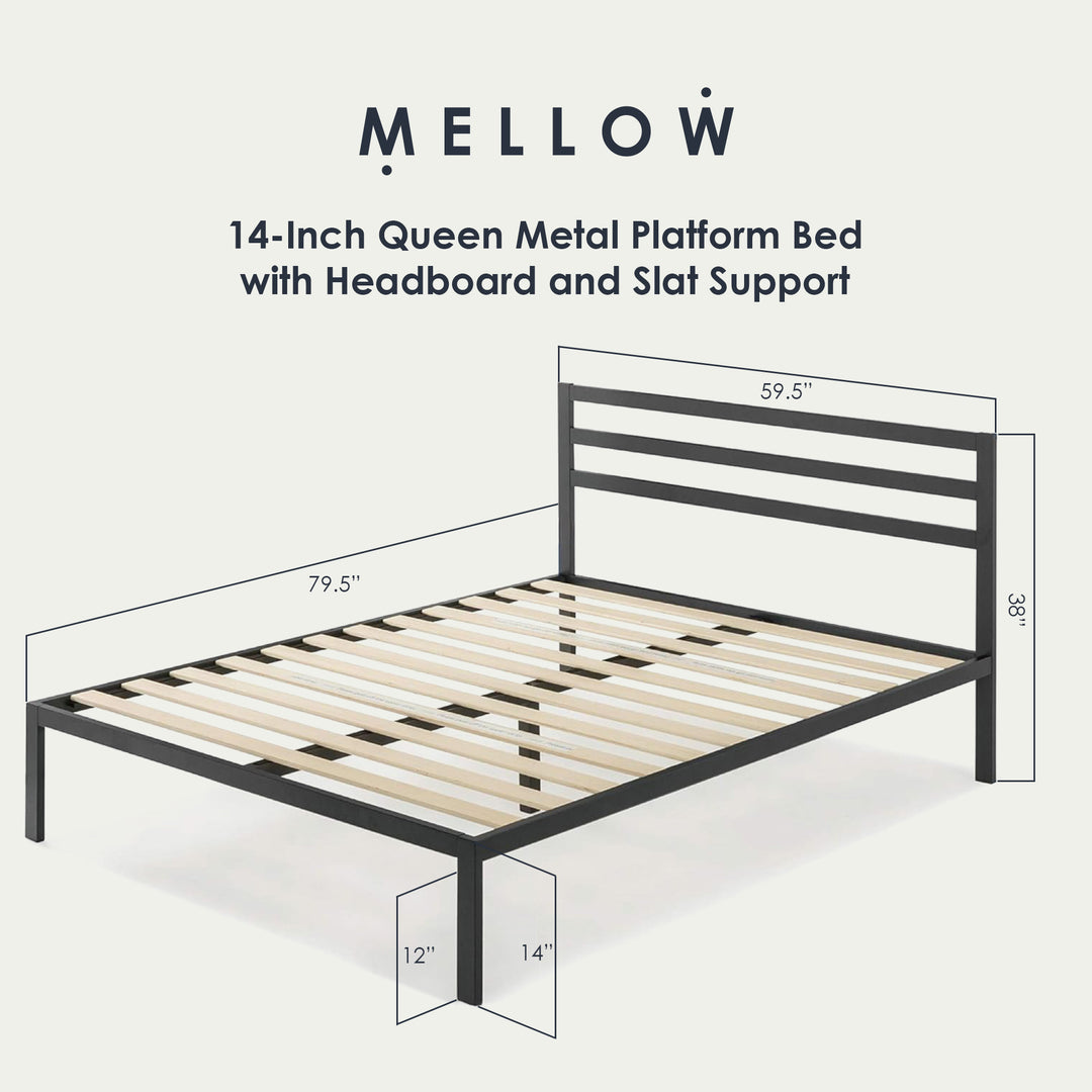 Mellow 14-Inch Metal Platform Bed with Headboard and Slat Support, Queen, Black