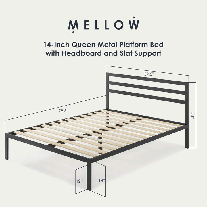 Mellow 14-Inch Metal Platform Bed with Headboard and Slat Support, Queen, Black