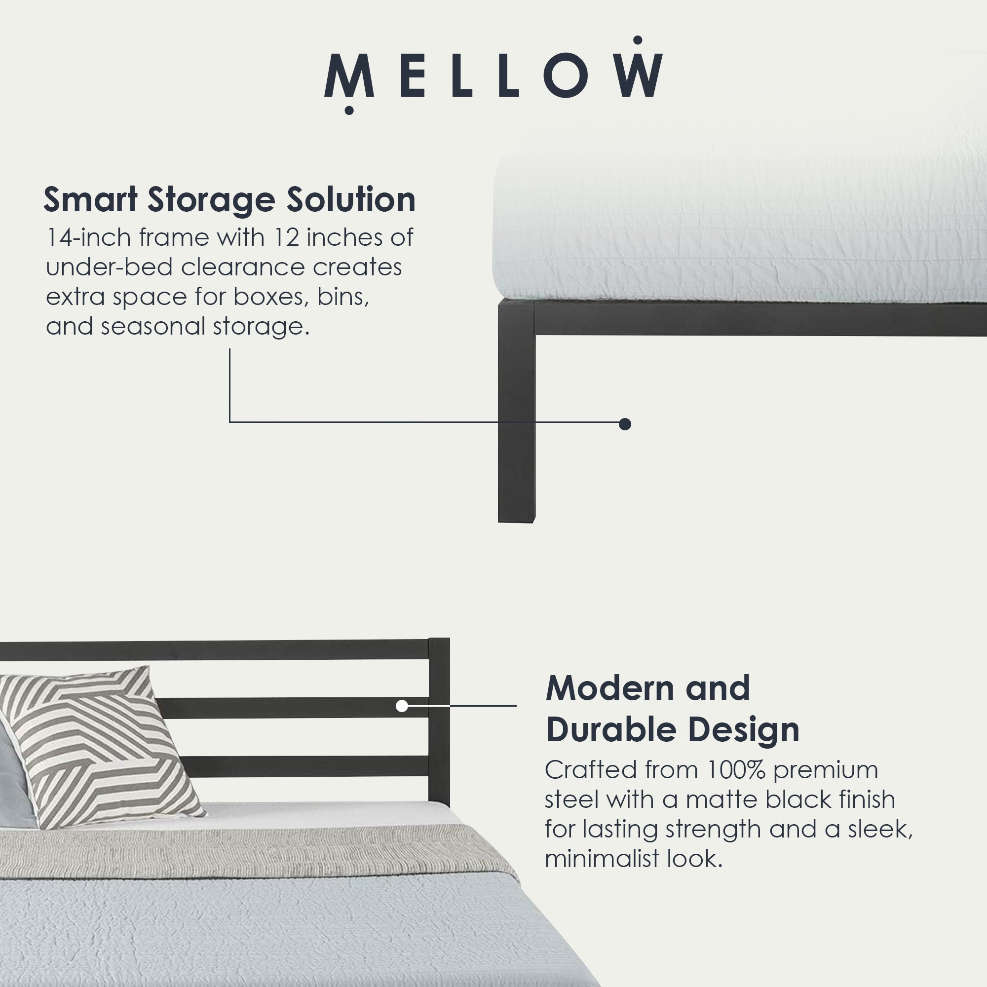 Mellow 14-Inch Metal Platform Bed with Headboard and Slat Support, Queen, Black - VMInnovations