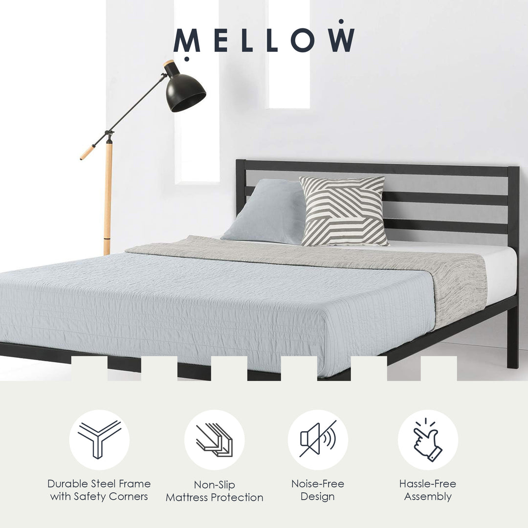 Mellow 14-Inch Metal Platform Bed with Headboard and Slat Support, Queen, Black