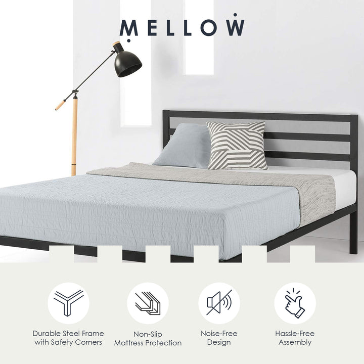 Mellow 14-Inch Metal Platform Bed with Headboard and Slat Support, Queen, Black