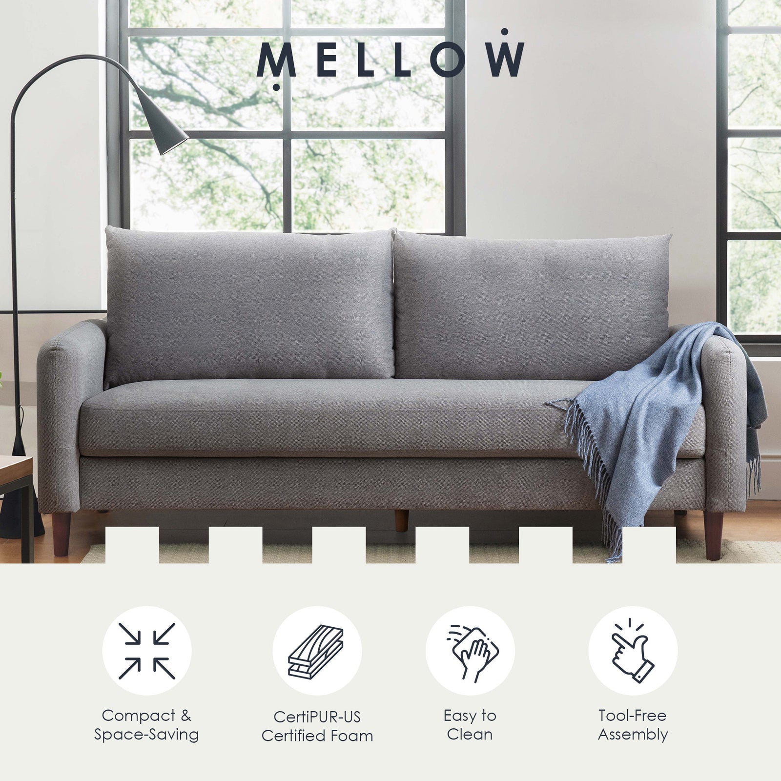 Mellow MAE Mid-Century Modern Curved Arm Sofa with Solid Wood Legs, Light Grey - VMInnovations
