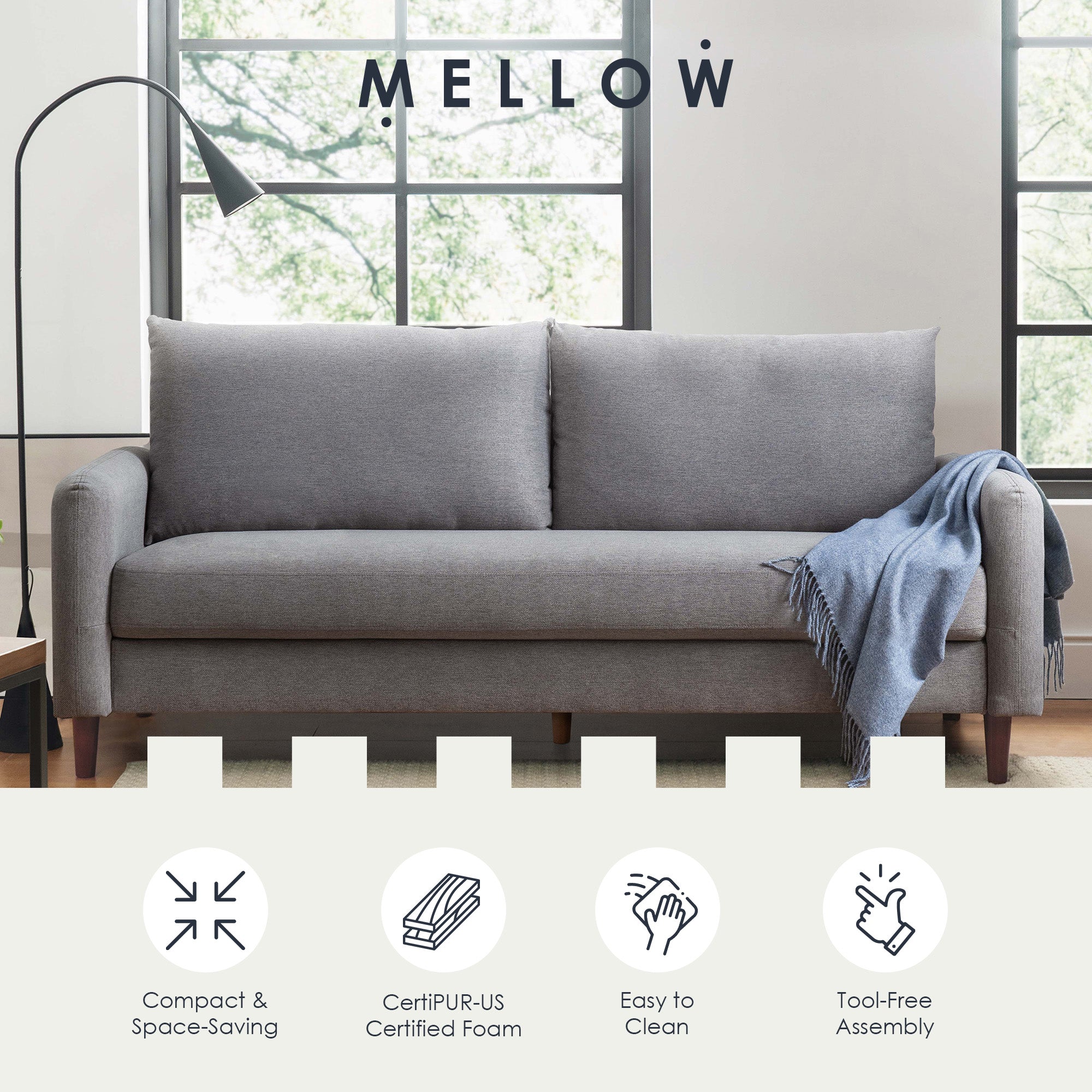 Mellow MAE Mid-Century Modern Curved Arm Sofa with Solid Wood Legs, Light Grey - VMInnovations