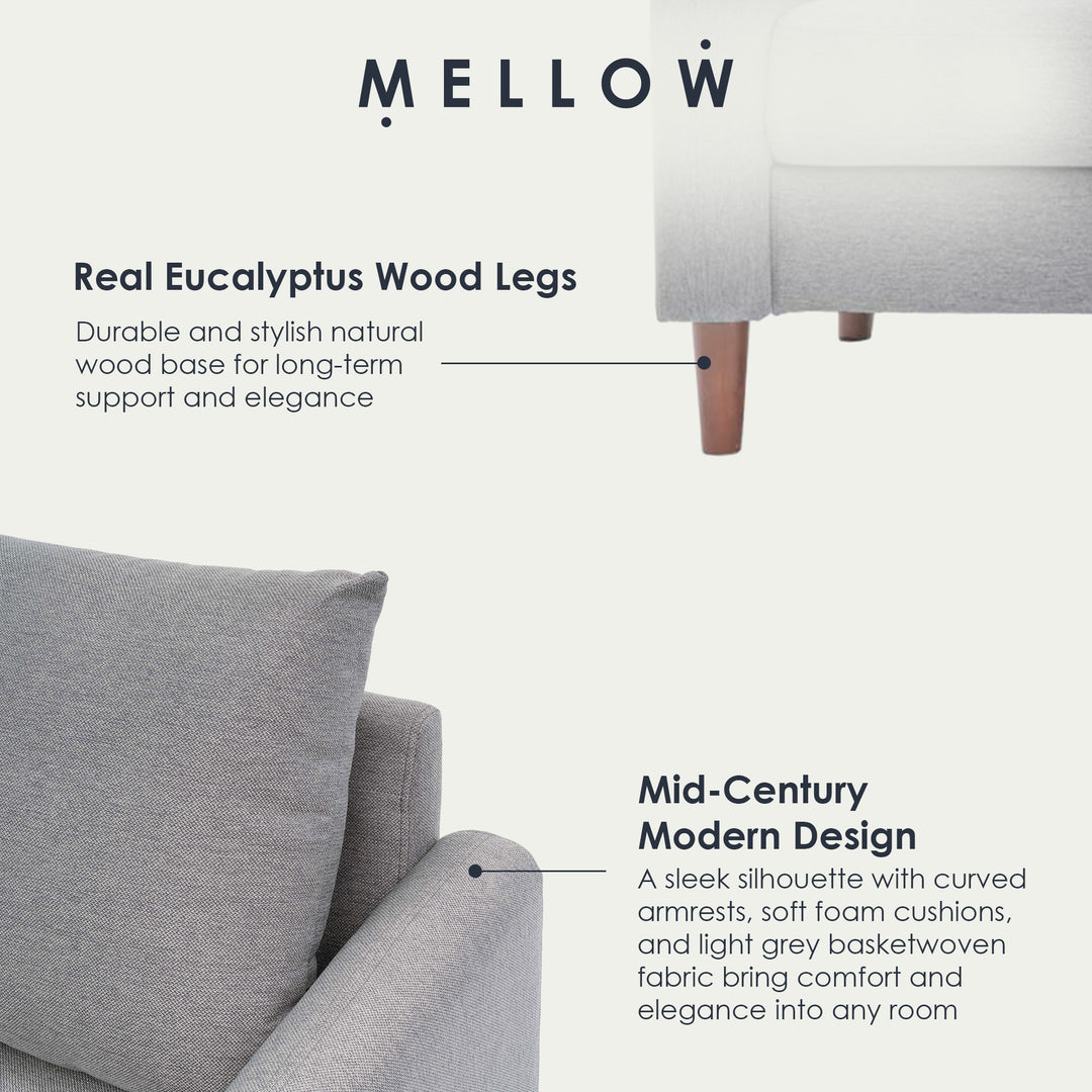 Mellow MAE Mid-Century Modern Curved Arm Sofa with Solid Wood Legs, Light Grey