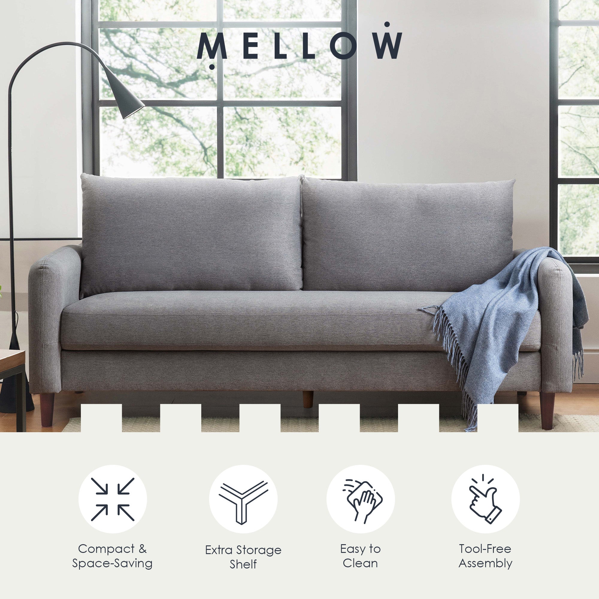 Mellow MAE Mid-Century Modern Curved Arm Sofa with Solid Wood Legs, Light Grey - VMInnovations