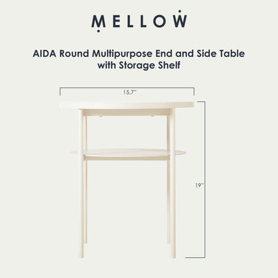 Mellow AIDA Round Multipurpose End and Side Table with Storage Shelf, Beige - VMInnovations