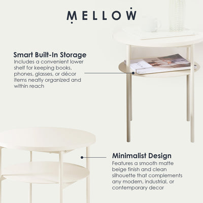Mellow AIDA Round Multipurpose End and Side Table with Storage Shelf, Beige - VMInnovations